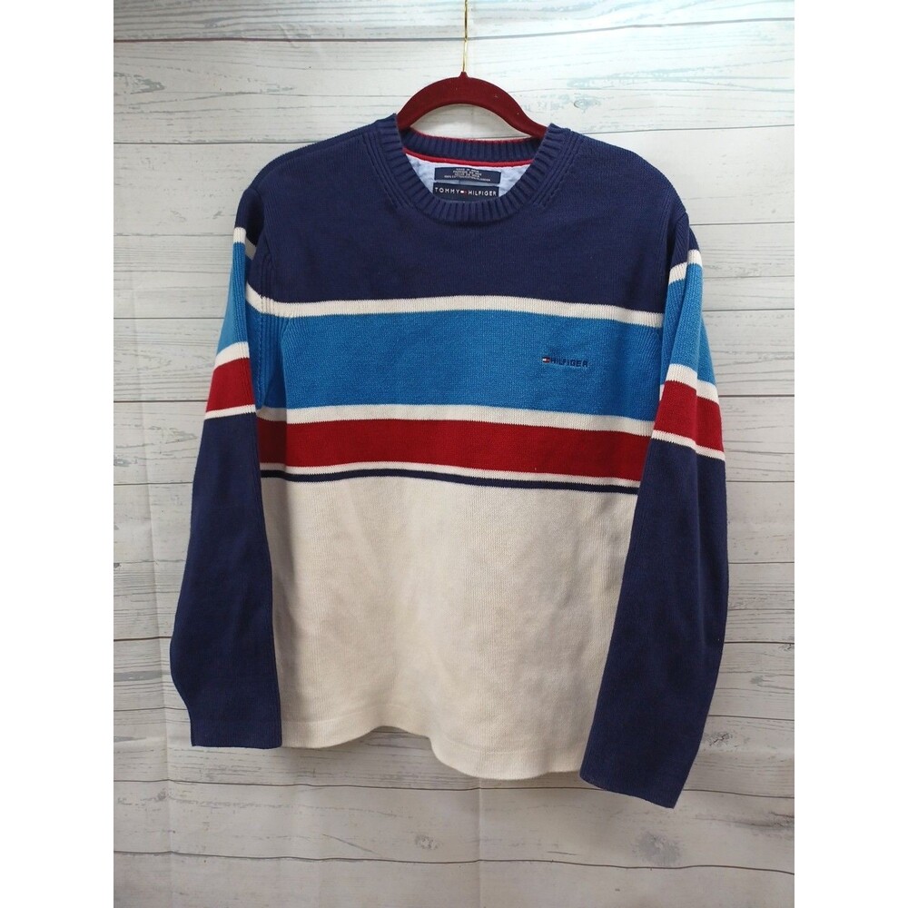 Vintage Y2K Tommy Hilfiger Striped Sweater Sz L Striped Logo